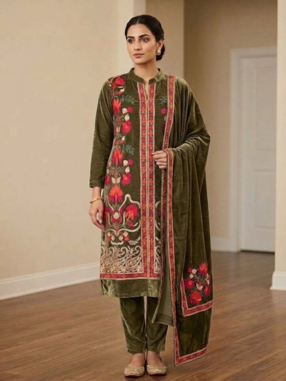 Women's 3-Piece Olive Green Velvet Kurta Set, Elegant Floral Embroidered Long Sl